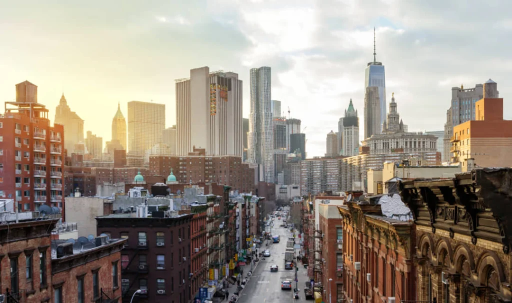 Uitzicht over rode bakstenen gebouwen en waterreservoirs op daken met de wolkenkrabbers van Lower Manhattan op de achtergrond