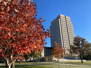 Hoge betonnen kantoortoren van het North Dakota State Capitol in Bismarck gezien tussen felrode herfstbladeren en een groen grasveld