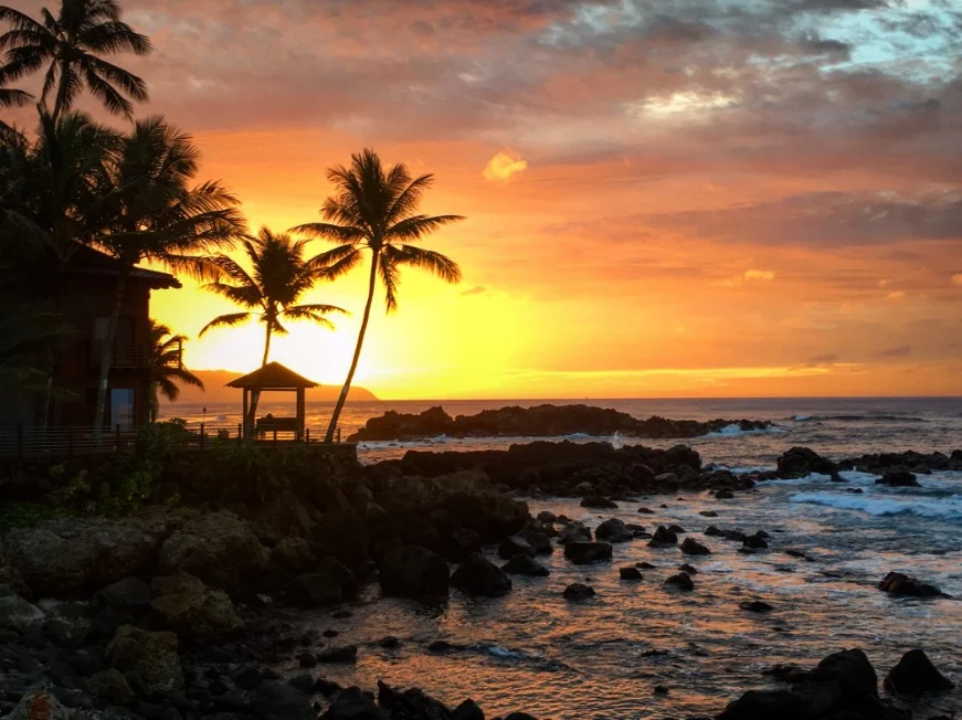 Silhouetten van palmbomen en een strandpaviljoen tegen een oranje avondlucht boven de rotsachtige kust van North Shore Oahu