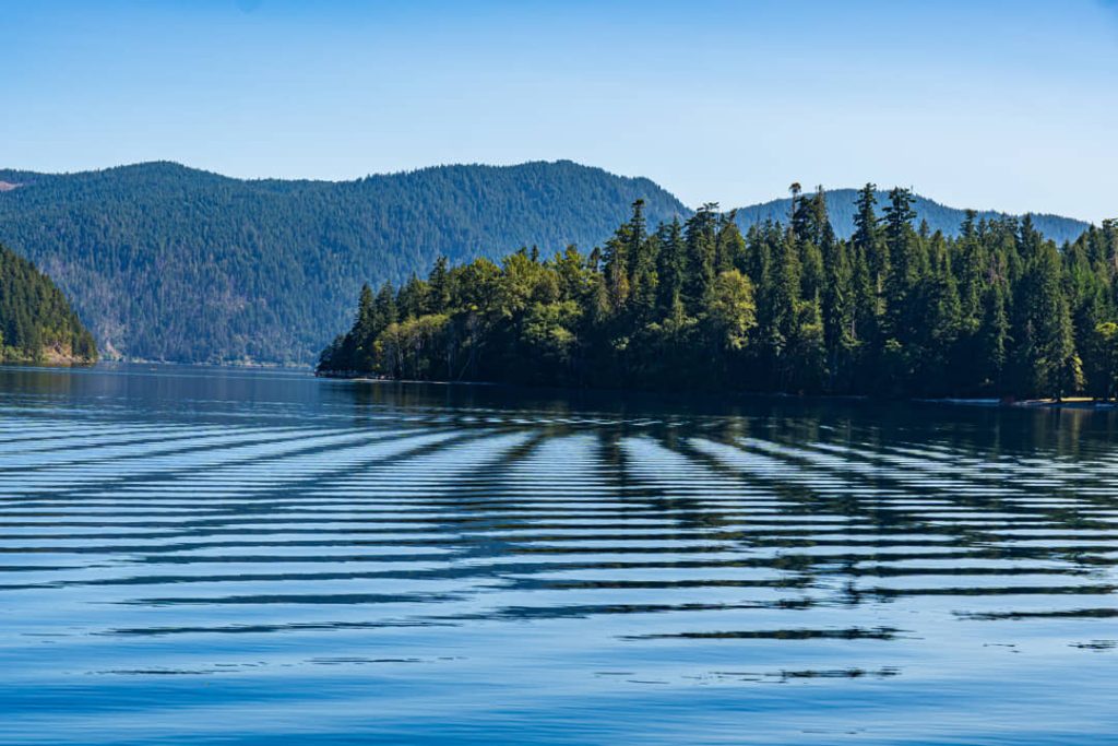 Rustig blauw meer met rimpelingen op het water en een dicht beboste landtong met bergen op de achtergrond op het Olympic Peninsula