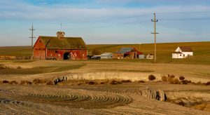 Rode houten schuur en enkele bijgebouwen op een boerderij omringd door geoogste akkers in het landelijke Oost-Oregon