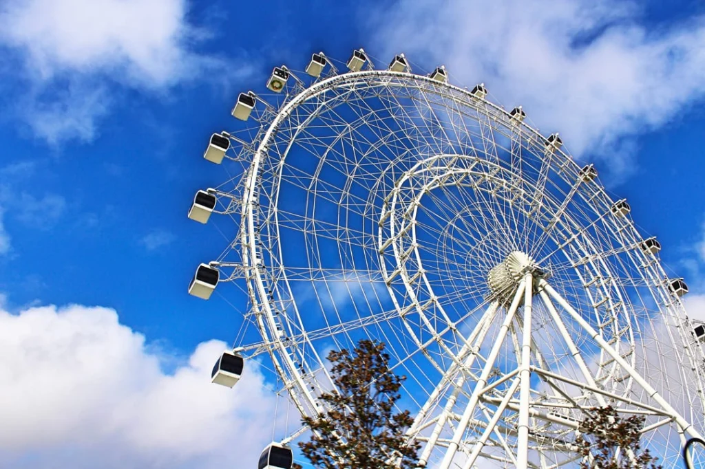 Close-up van de witte constructie en gondels van een groot reuzenrad in Orlando tegen een helderblauwe lucht met wolken
