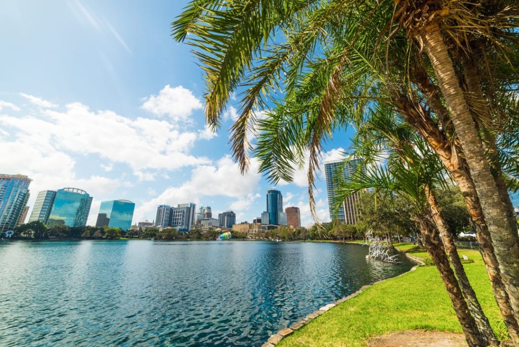 Wolkenkrabbers van Orlando weerspiegeld in het water van Lake Eola Park met een palmboom op de voorgrond en groen gras langs de oever