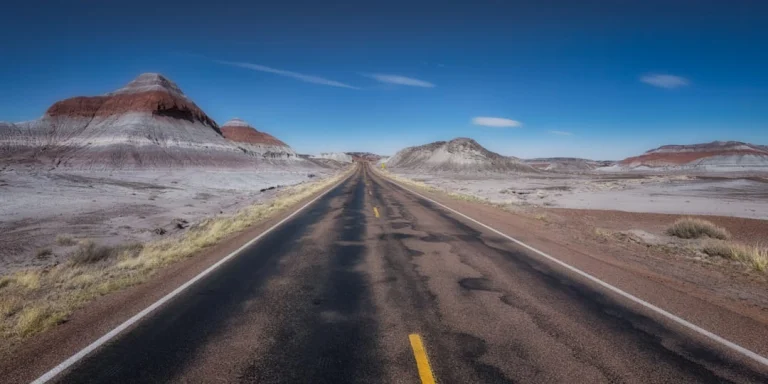 Lege asfaltweg die tussen gestreepte, roodwitte heuvels van de Painted Desert door loopt onder een blauwe lucht