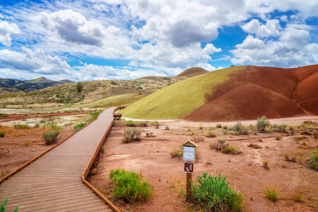 Houten vlonderpad leidt langs groene en roodgekleurde heuvels in het Painted Hills gedeelte van John Day Fossil Beds