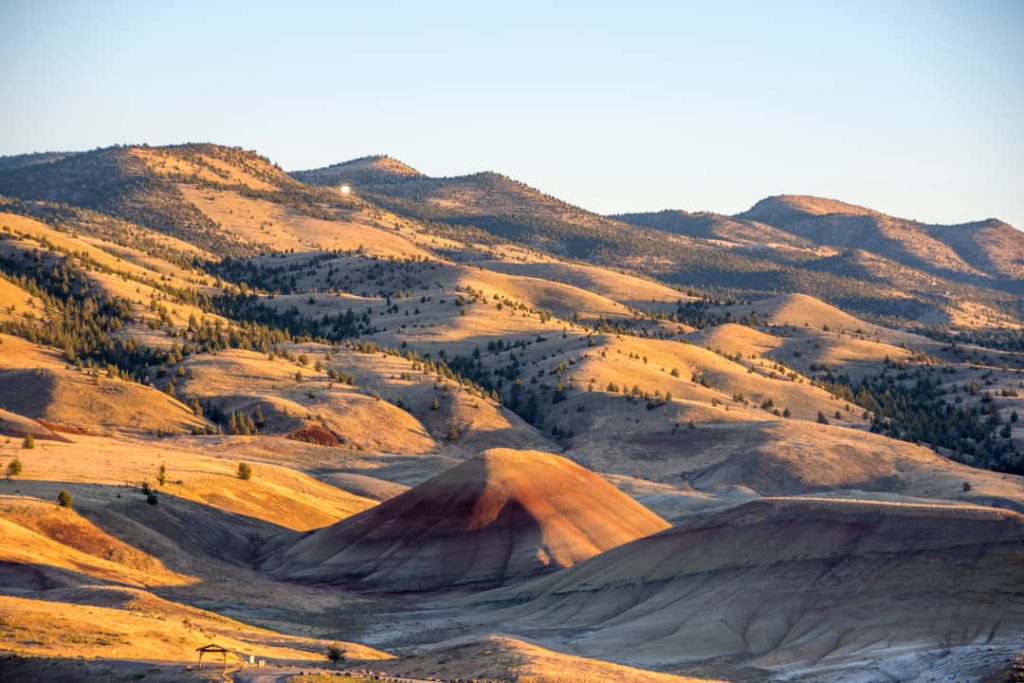 Glooiende oker en roodgestreepte heuvels van Painted Hills onder zacht avondlicht met verre bergen op de achtergrond