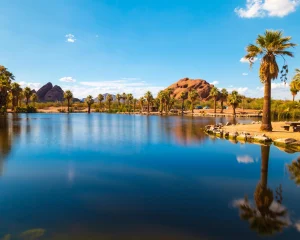 Rustige vijver omzoomd door palmbomen met rode rotsheuvels op de achtergrond onder een blauwe lucht in Papago Park