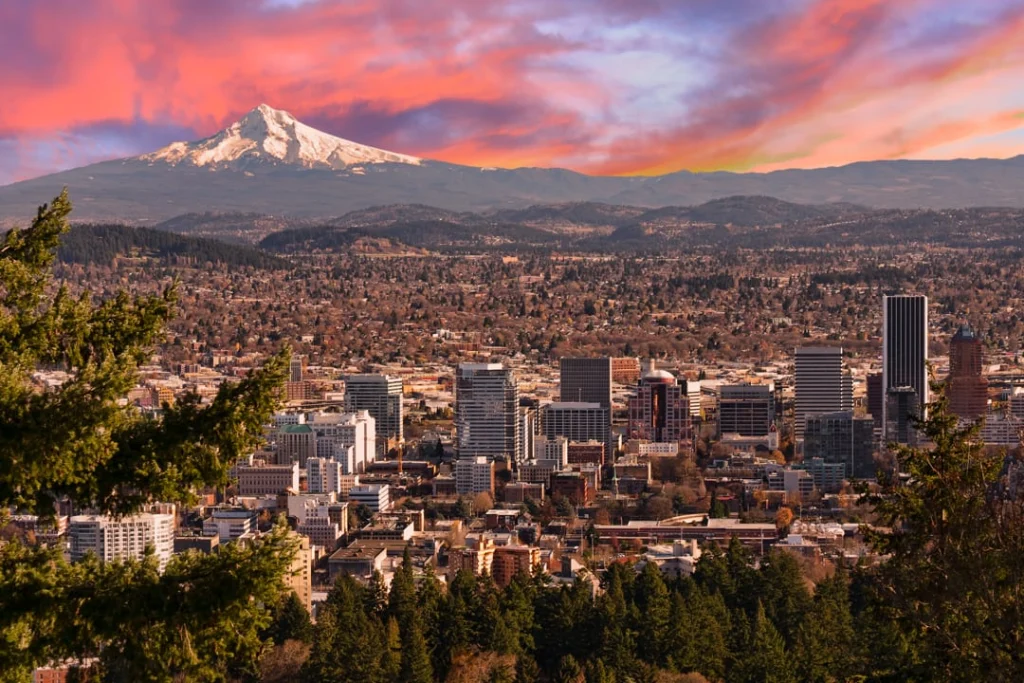 Uitzicht over de skyline van Portland met dennenbomen op de voorgrond en de besneeuwde top van Mount Hood