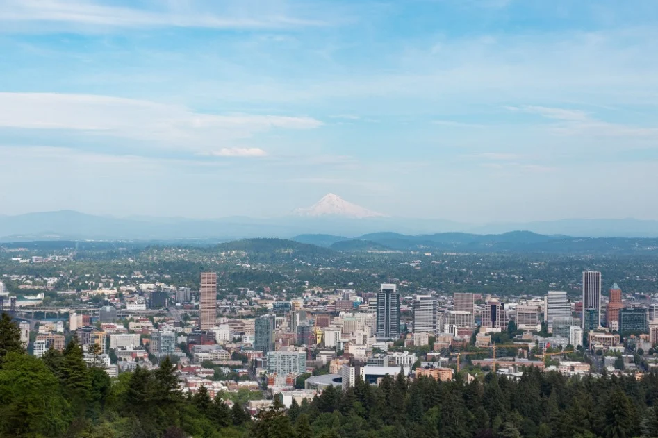Luchtfoto vanaf een beboste heuvel over de skyline van Portland met de besneeuwde top van Mount Hood op de achtergrond
