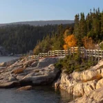 Smal houten vlonderpad met leuning slingert langs een rotsachtige kustlijn met naaldbos en herfstkleuren in Quebec