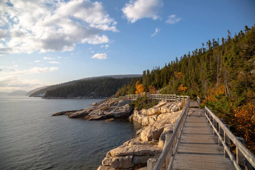 Houten vlonderpad met leuning volgt de rotsachtige oever van een baai, met naaldbos in herfstkleuren op de achtergrond in Quebec
