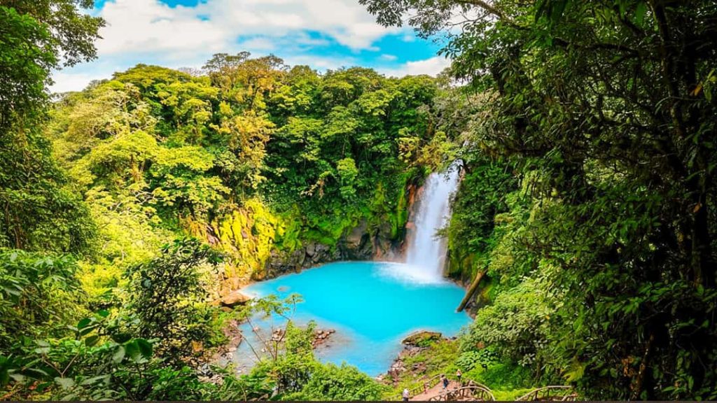 Waterval stort van een begroeide rotswand neer in een felturkooize poel, omringd door dicht regenwoud bij Rio Celeste in Costa Rica