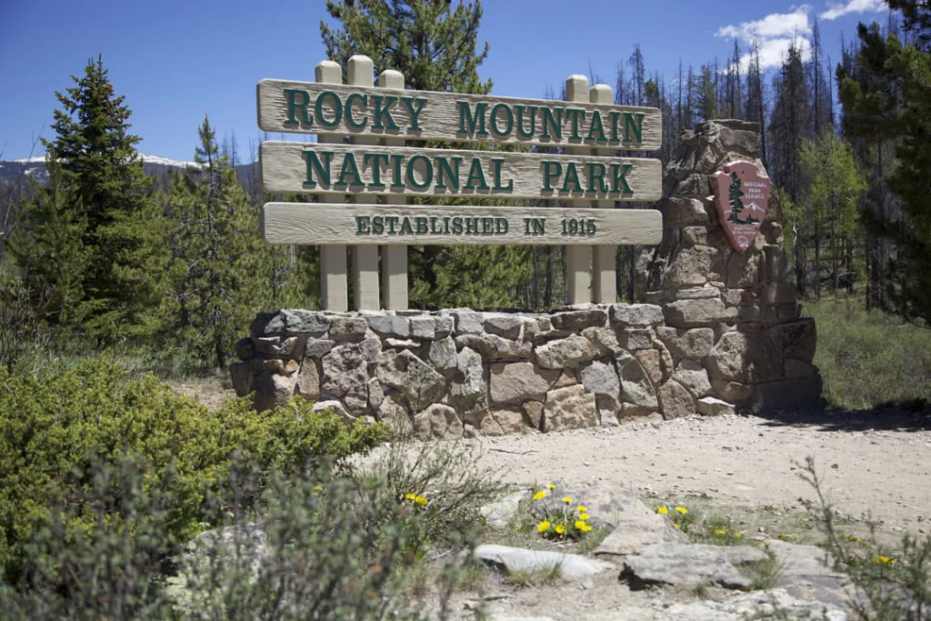 Houten bord met de tekst Rocky Mountain National Park established in 1915 tussen dennenbomen en gele bloemen