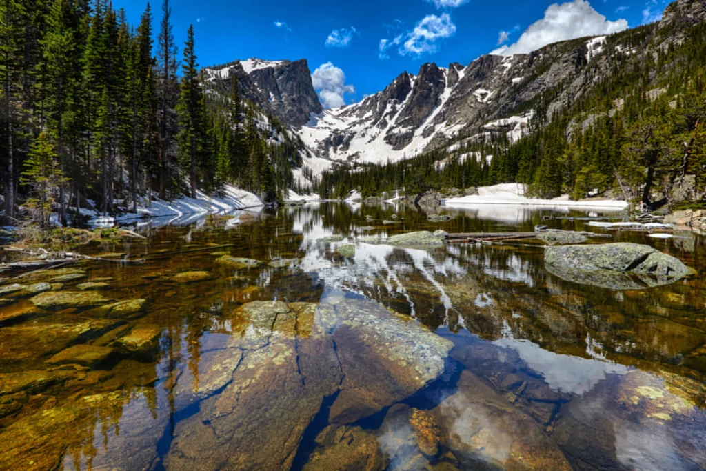 Helder bergmeer met rotsen op de bodem weerspiegelt besneeuwde pieken en dennenbomen in Rocky Mountain National Park