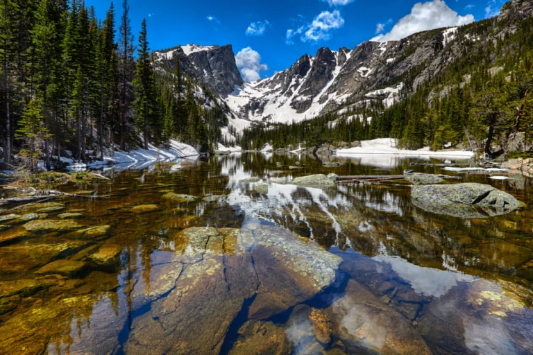 Helder bergmeer met rotsen op de bodem weerspiegelt besneeuwde pieken en dennenbomen in Rocky Mountain National Park
