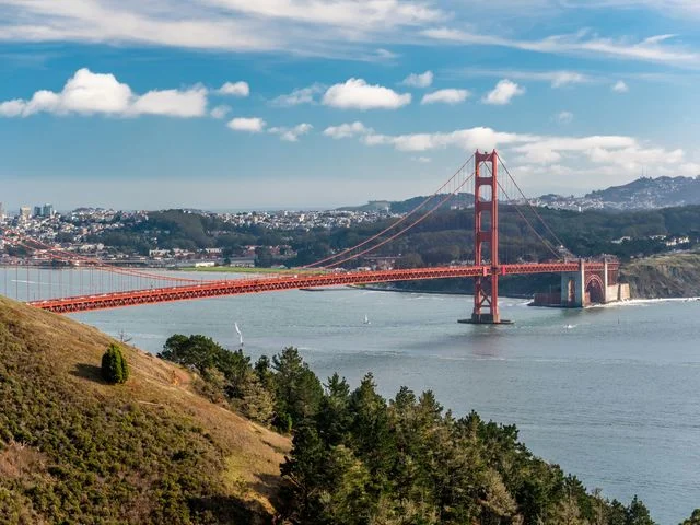 Uitzicht over een begroeide heuvel op de Golden Gate Bridge met de skyline van San Francisco op de achtergrond