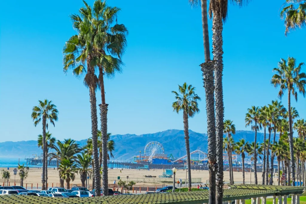 Hoge palmbomen omlijsten het uitzicht op het strand, de pier en het reuzenrad van Santa Monica onder een strakblauwe hemel