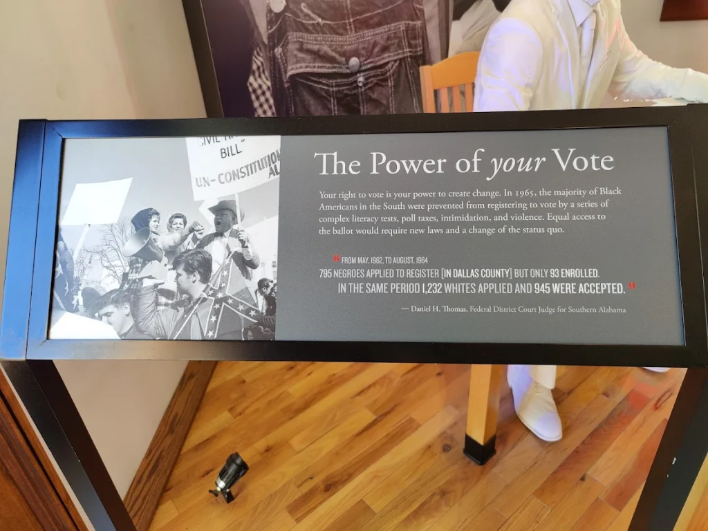 Museumbord met tekst 'The Power of your Vote' en een historische zwart-witfoto van een burgerrechtenprotest in Selma