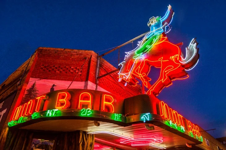 Felgekleurde neonreclame boven een café-ingang met de tekst Mint Bar en een cowboy op een steigerend paard tegen de avondlucht