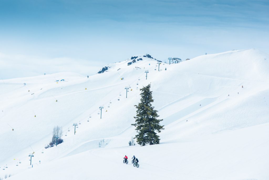 Twee mensen op fatbikes rijden over een besneeuwde skipiste met een eenzame spar op de voorgrond en een skilift op de achtergrond