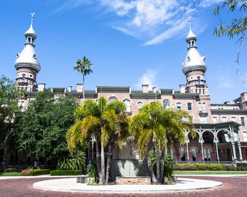Historisch bakstenen gebouw met zilveren koepeltorens en minaretten van het Henry B. Plant Museum, met palmbomen ervoor