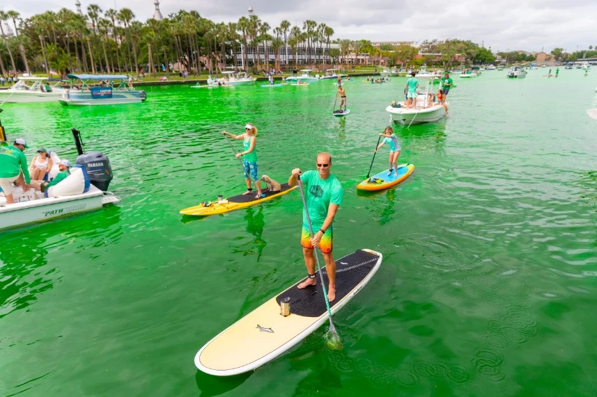 Groep mensen op supboards en boten vaart over opvallend groen gekleurd water bij Tampa, met palmbomen en gebouwen op de achtergrond