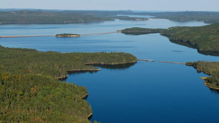 Blauw meer met beboste schiereilanden en een lage brug over het water gezien vanuit de lucht in Terra Nova