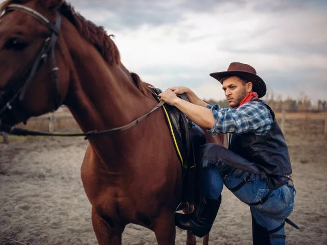 Man met cowboyhoed en spijkerbroek maakt het zadel van een bruin paard vast op een zandige ranch
