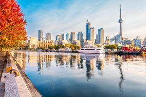 Wolkenkrabbers en de CN Tower van Toronto weerspiegeld in het water, met een wit jacht afgemeerd en een felrode herfstboom op de kade