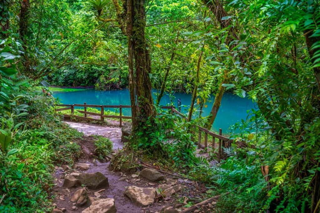 Een pad met houten trapjes langs een turkooisblauwe rivier omringd door dicht regenwoud in Costa Rica