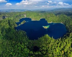 Luchtfoto van een diepblauw meer met een klein begroeid eilandje omringd door dicht tropisch bos