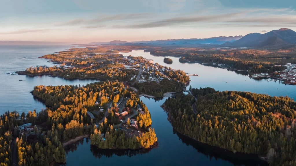 Luchtfoto van een bebost kustlandschap met inhammen en bergen op Vancouver Island tijdens zonsondergang