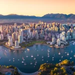 Luchtfoto van de wolkenkrabbers en jachthaven van Vancouver bij zonsondergang, met bergen op de achtergrond