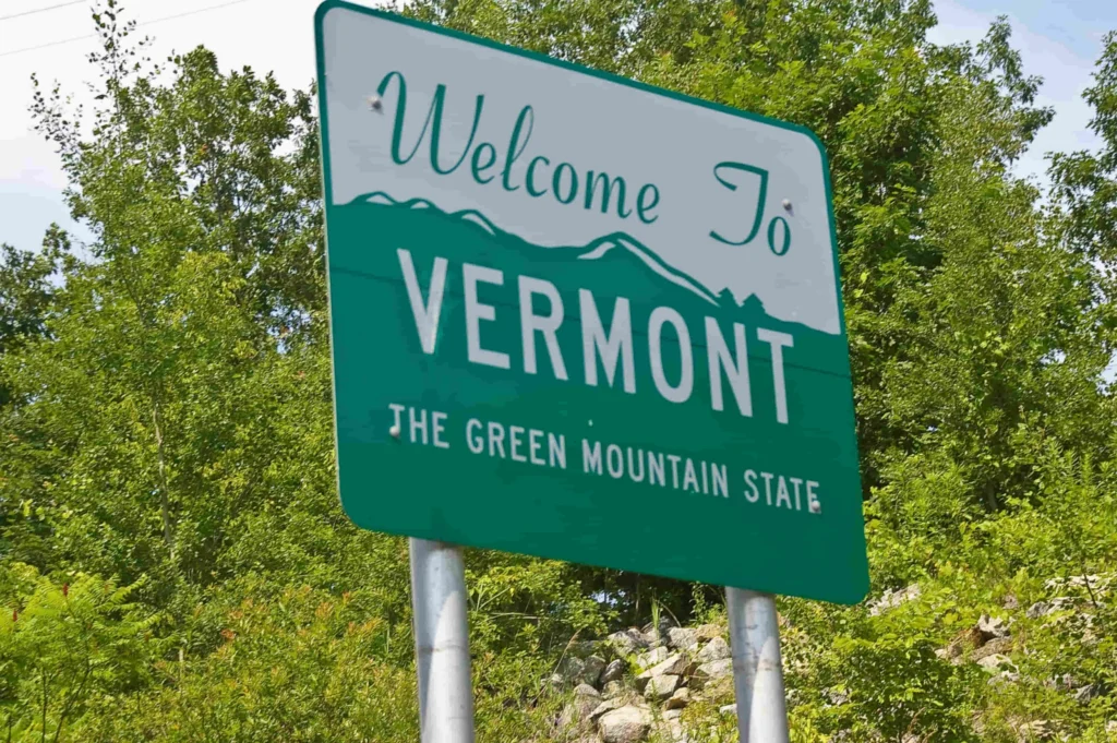 Groen wegbord met de tekst welkom in Vermont, the green mountain state, omgeven door groen struikgewas en bomen
