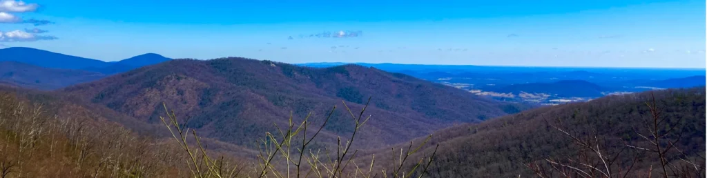 Panoramisch uitzicht over de blauwe, kale bergketens van het Shenandoah-gebied in Virginia onder een heldere blauwe lucht