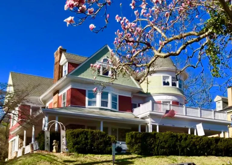 Een groen-wit victoriaans huis met torentje en veranda in Virginia, met op de voorgrond een bloeiende magnoliaboom tegen een strakblauwe lucht