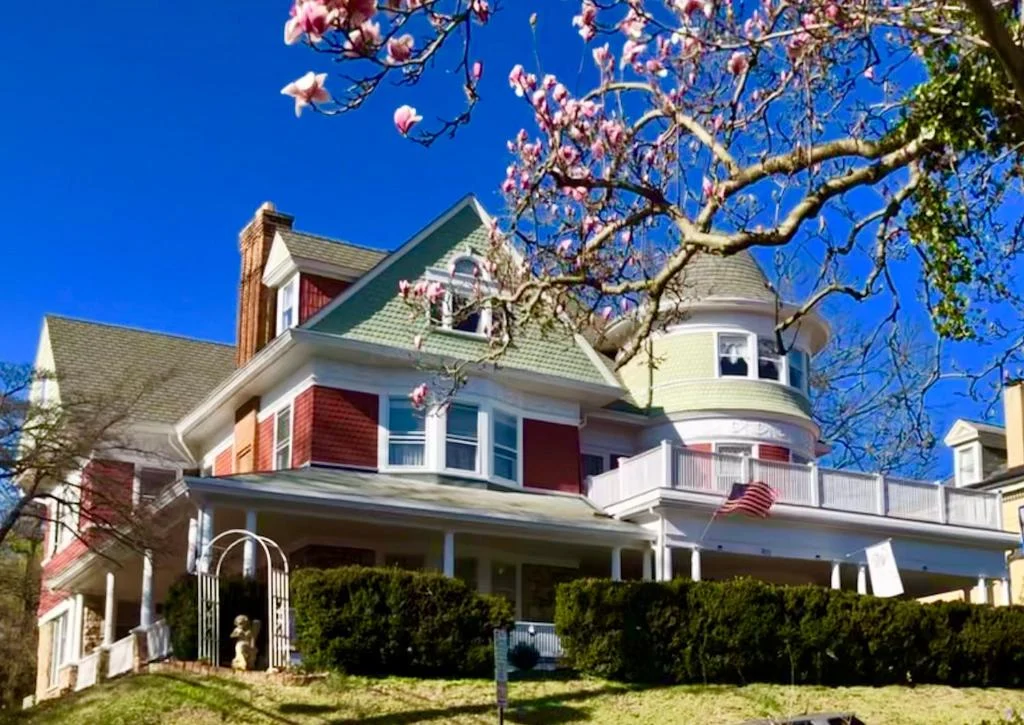 Een groen-wit victoriaans huis met torentje en veranda in Virginia, met op de voorgrond een bloeiende magnoliaboom tegen een strakblauwe lucht