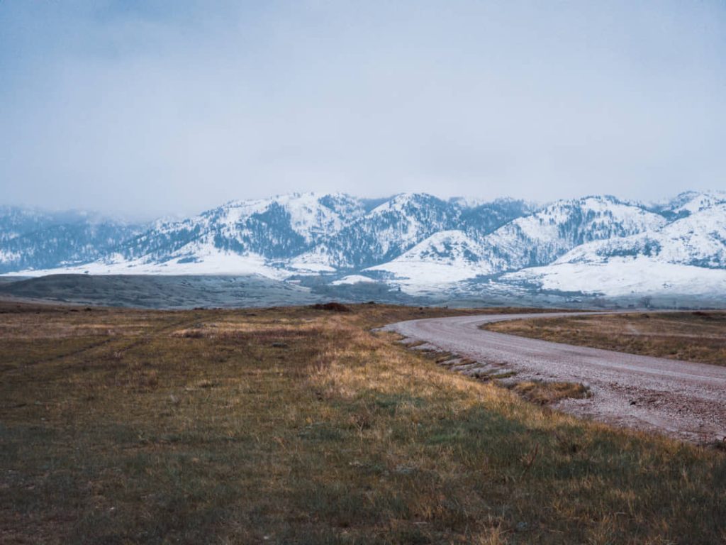 Kronkelende onverharde weg door droog grasland met een keten besneeuwde bergen op de achtergrond onder een grijze lucht