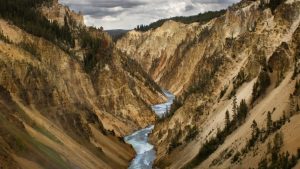 Gele en oranje canyonwanden omsluiten een kronkelende rivier in de Grand Canyon van de Yellowstone