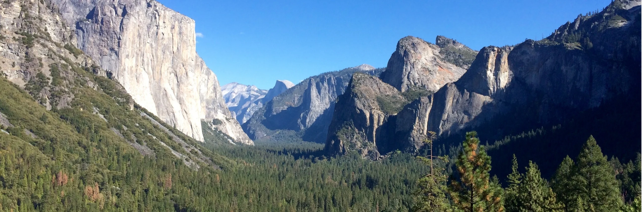 Panoramisch uitzicht op Yosemite Valley met steile granieten rotswanden, dennenbossen en een heldere blauwe lucht