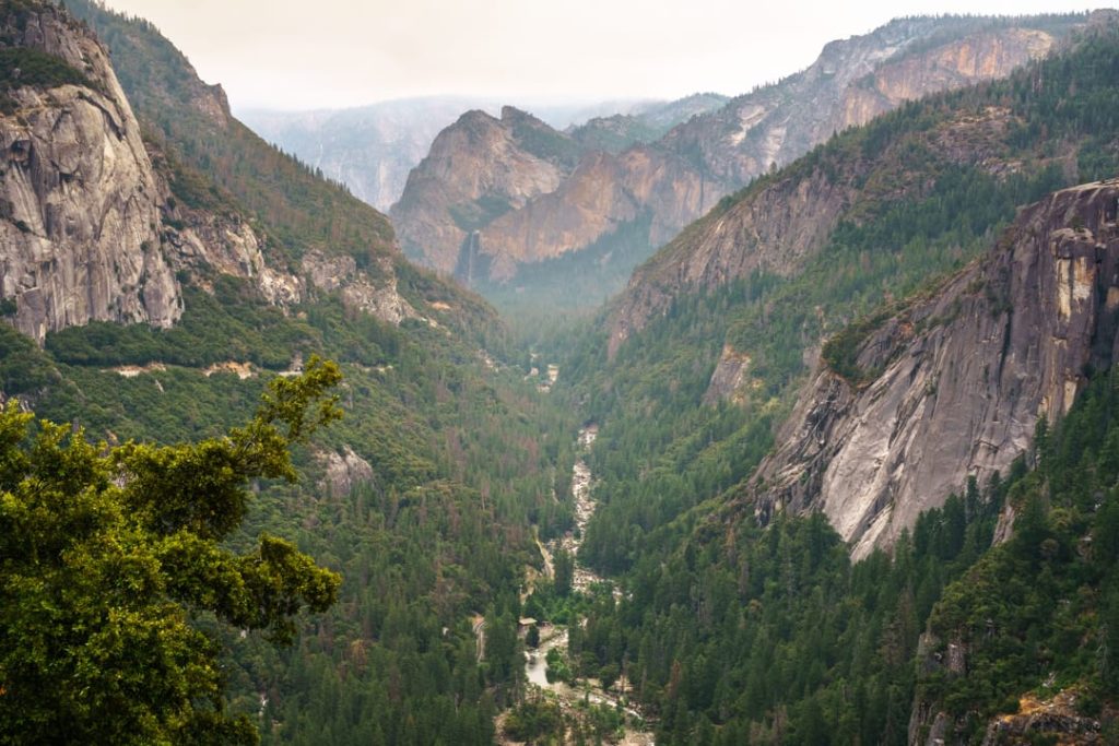 Diepe vallei met steile rotswanden en een rivier die zich door het dal van Yosemite National Park slingert