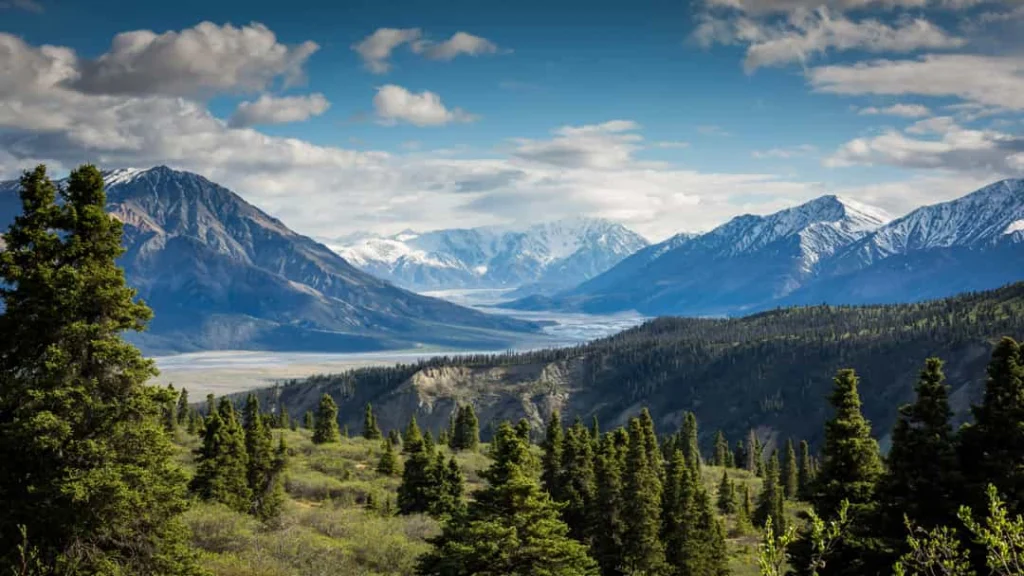 Besneeuwde bergketen boven een vallei met dennenbos en een meer onder een deels bewolkte lucht in Yukon