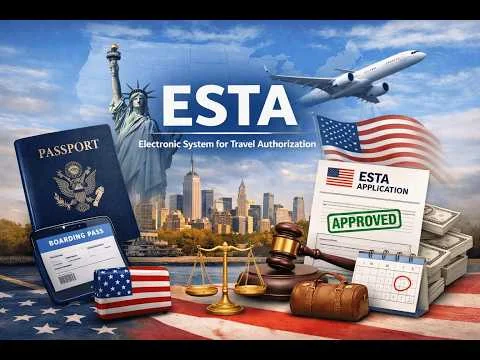 Illustratie met paspoort, boarding pass en Amerikaanse vlag rond de tekst ESTA Electronic System for Travel Authorization, met de skyline van New York op de achtergrond