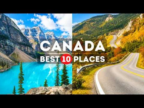 Collage van Canada met een turkoois bergmeer omringd door besneeuwde pieken en een kronkelende weg door herfstkleurige bergen