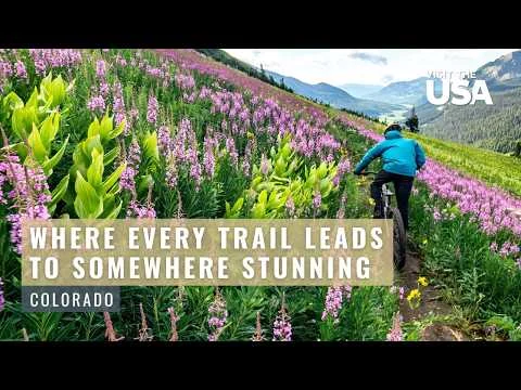 Videothumbnail van een mountainbiker die door een veld met paarse wilde bloemen rijdt, met bergen op de achtergrond
