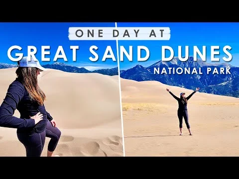 Videothumbnail met twee foto's van een vrouw die poseert op de zandduinen, met de titel One Day at Great Sand Dunes