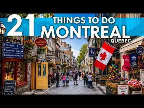 Thumbnail van een reisvideo met een verlichte straat en de koepel van de Bonsecours markt in Montréal in de schemering