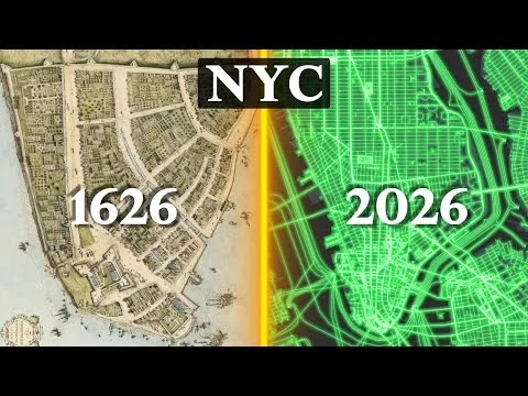 Videothumbnail met een vergelijking van een oude kaart van Manhattan uit 1626 en een moderne stadsplattegrond