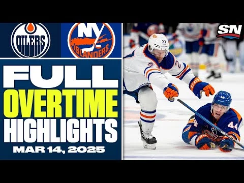 Videominiatuur met de logo's van de New York Islanders en Edmonton Oilers naast twee ijshockeyspelers in duel