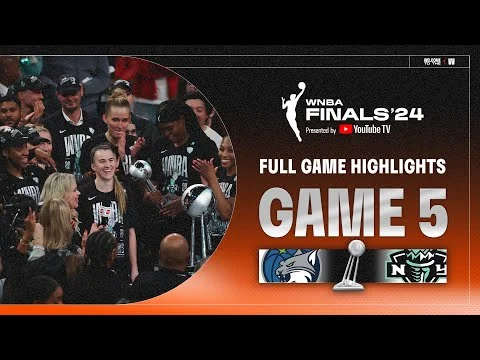 Videominiatuur met spelers die een trofee vasthouden tijdens de viering van de WNBA Finals 2024, met de tekst volledige wedstrijdhoogtepunten